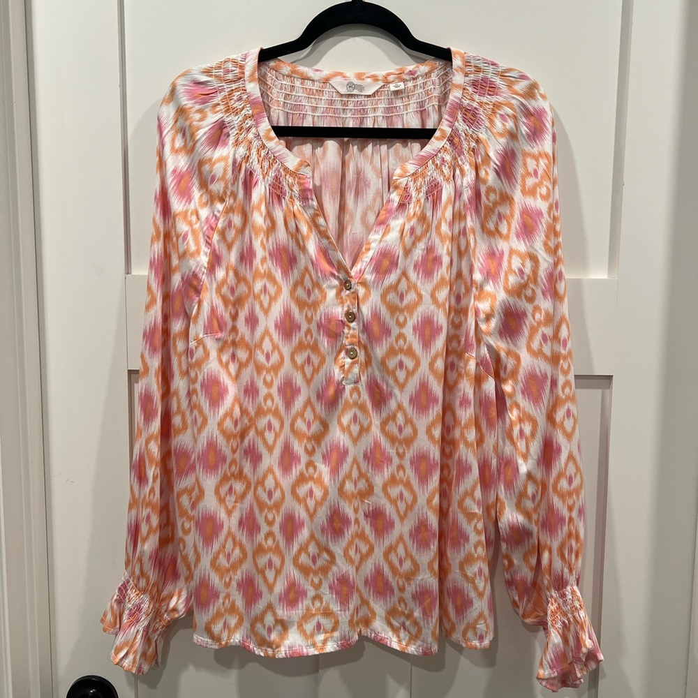 Destination 365 Printed Blouse Split-Neck with Shirring Detail Pink Ikat Size XL